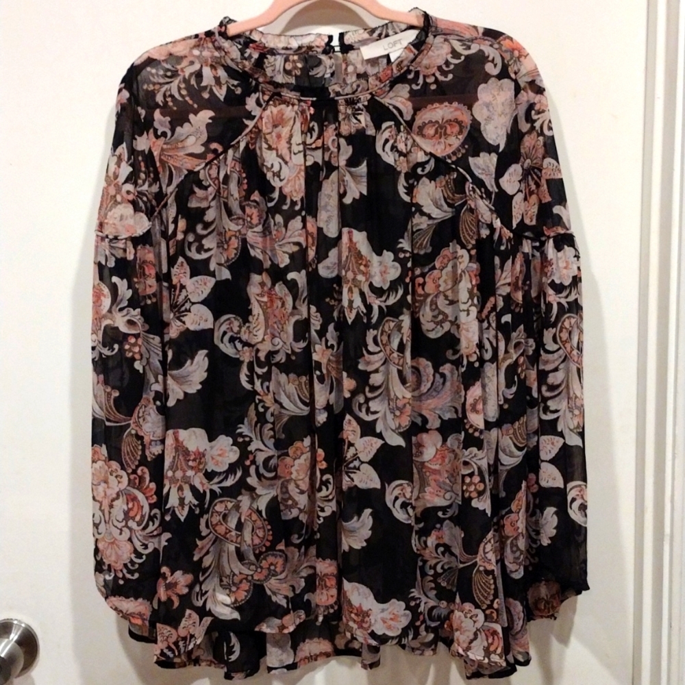 LOFT Sheer Floral Bohemian Peasant Style Blouse Size XL